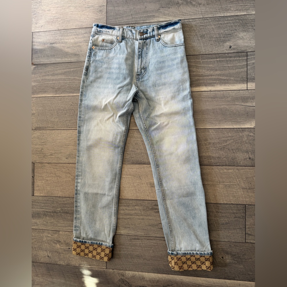 Gucci Light Blue Straight Jeans with Tan Accents